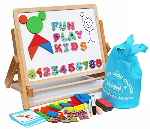 Toys of Wood Oxford Wooden Easel for Children Foldable Double Magnetic Boards Magnetic Shapes Alphabet Numbers and Paper roll for Montessori Learning