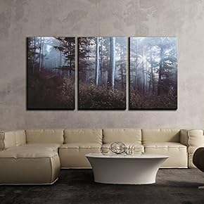 3 Piece Canvas Wall Art - Fall Landscape of Misty Forest with Sunlight - Modern Home Art Stretched and Framed Ready to Hang - 16"x24"x3 Panels