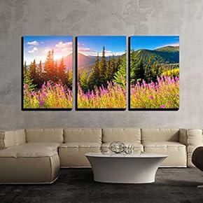 3 Piece Canvas Wall Art - Beautiful Autumn Landscape in The Mountains with Pink Flowers. - Modern Home Art Stretched and Framed Ready to Hang - 16"x24"x3 Panels