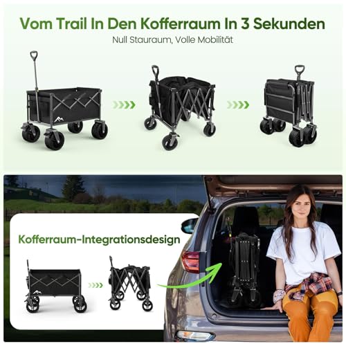 XXXL Bollerwagen Faltbar 300L mit Verstellbarer Heckklappe, 200 KG Belastbar, 360°-Schwenkbare All-Terrain-Räder & Doppelbremsen, Verstellbarer Griff & 2 Netztaschen，Strand/Wanderung/Camping/Einkauf