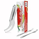 Watermelon Slicer Corer & Set Of 2 Fruit Forks By GoQK - Made Of Premium Stainless Steel - Handy Kitchen Gadget - Easy To Use & Incomparably Durable - Dishwasher Safe - Innovative, Useful Kitchen Tool