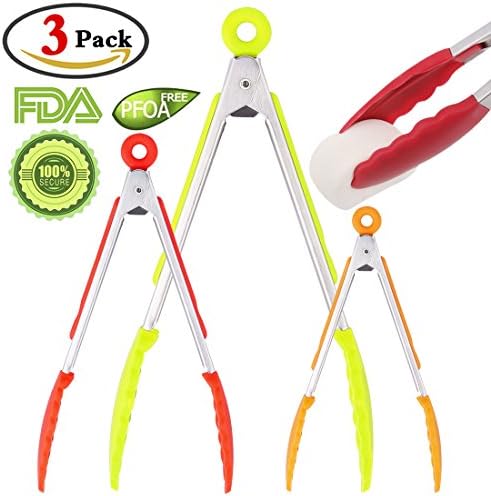GeMoor 3 Pack Kitchen Tongs of 8" 10" 13" with Locking Clips, Non-Stick Silicone Food Tongs for BBQ Kitchen - Stainless Steel Cooking Tongs Dishwasher-Safe, FDA Approved &amp; BPA Free