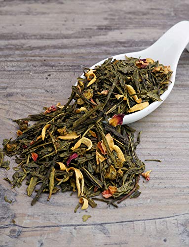 Grüner Tee lose Grüner Tee Pfirsich-Sahne Pfirsich, Orange, Rosenblüten, Aprikosen Grüntee mit cremig weicher Pfirsich-Note 100g – Bild 4