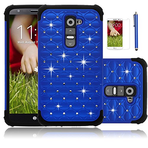 LG G2 Case,Sparkle Shimmer Case for LG G2,ECâ„¢ Heavy Duty Shock Absorbing Dual Layer Studded Rhinestone Bling Hybrid Protective Case Cover for LG G2 (Verizon, Sprint, Boost Mobile) with Screen Protector + Stylus (Dark Blue)