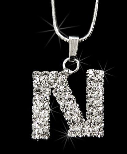 Initial Letter N, Alphabet Necklace, Crystal Rhinestone Pendant Necklace, Crystal/Silver, NEC-2114