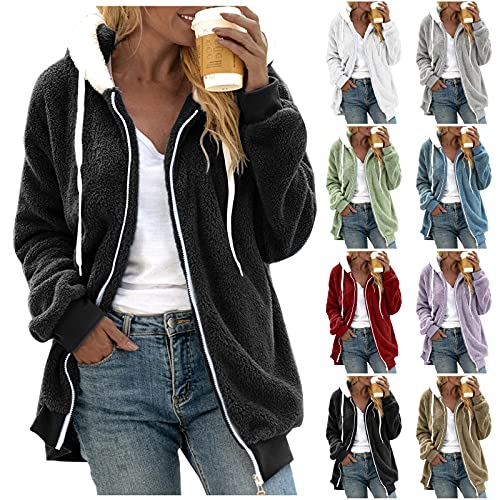 peiaclkde Winter Jackets For Women Uk Sherpa Fleece Winter Coats Full Zip Hoodie With Pockets Solid Fuzzy Hooded Coats Thermal Sweatshirt Fluffy Jumper Oversized Overcoat Lightweight Cardigan