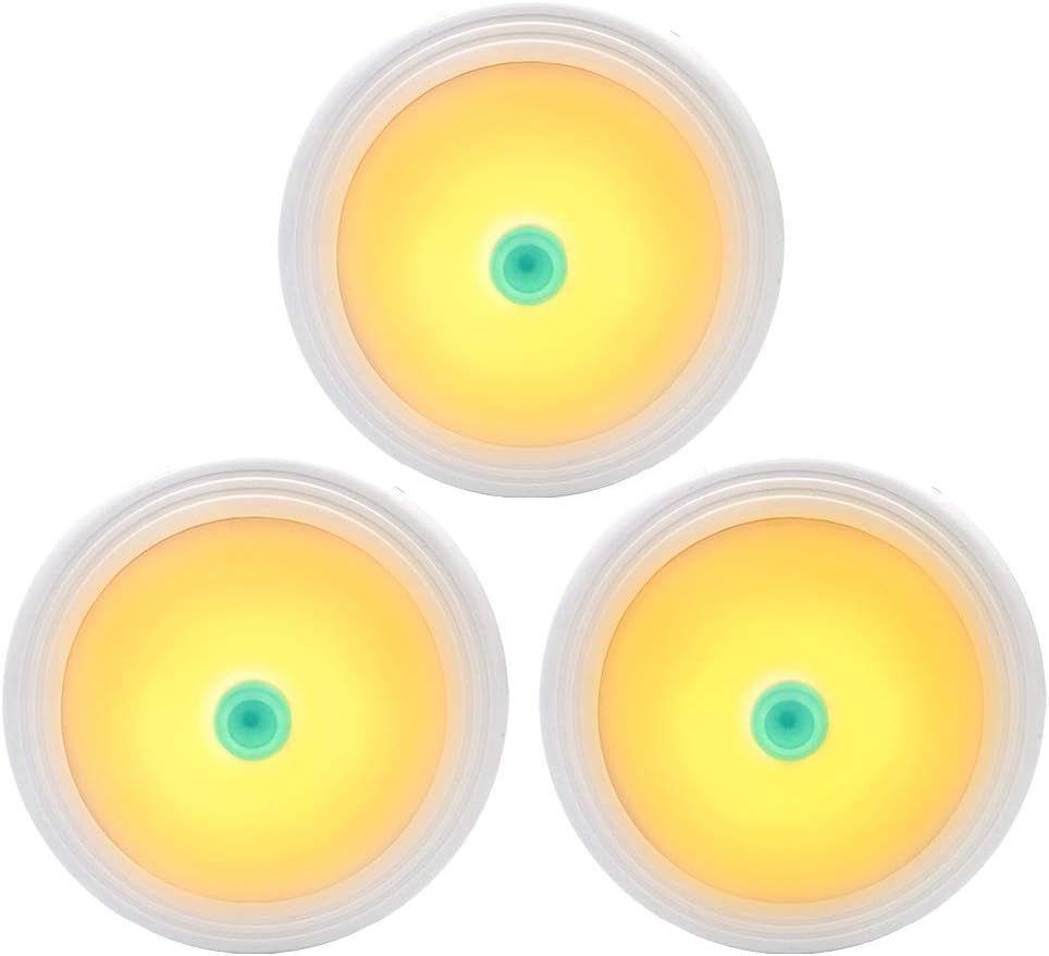 Tap Lights for Closets, LED Portable Battery Powered Operated Stick on Touch Push Wall Lights, Press On Puck Night Lights (Warm White, 3-Pack)