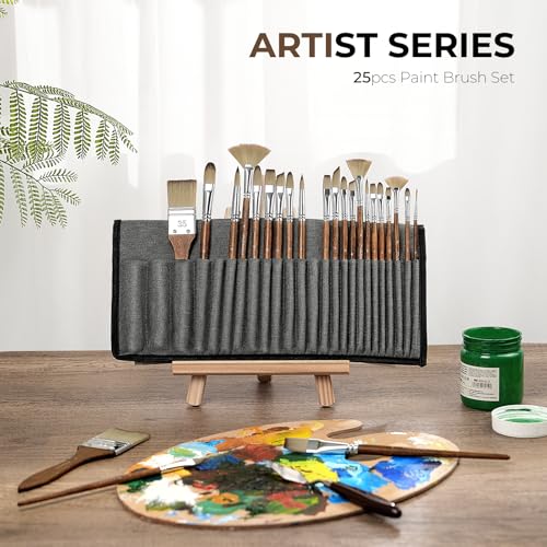 Fuumuui 25pcs Paint Brush Set, Professional 9 Shapes with Wide Flat, Filbert, Fan, Dagger, Cat Tongue, Round, Angle, Rigger for Acrylic Oil Watercolor | Includes Palette Knife & Waterproof Canvas Roll