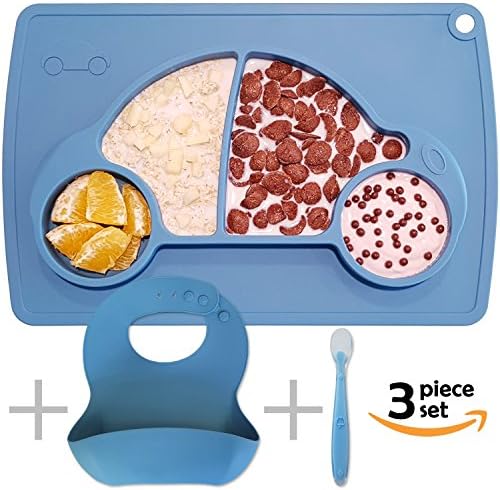 Silicone Baby Placemat with Plate, Bib and Spoon - Blue Car FDA Approved Food Grade Silicon Rubber Table Mat, Replacement for Toddler Suction Cups and Plates