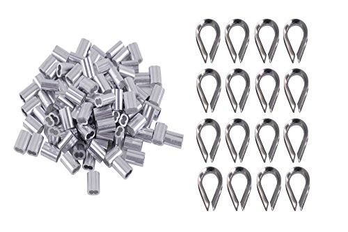 Eowpower 100Pcs 1/8 inch Wire Rope Aluminum Sleeves Cable Crimps and 16Pcs M3 Stainless Steel Thimble