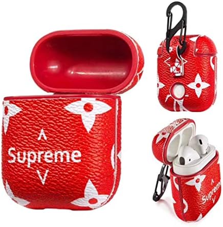 Headphones Cases Fit for Apple AirPods Wireless Charging Bluetooth Headsets for Women & Men Luxury Fashion PU Leather Protective Shockproof Cover Case with 2&1 Carabiner Keychain(Supreme)