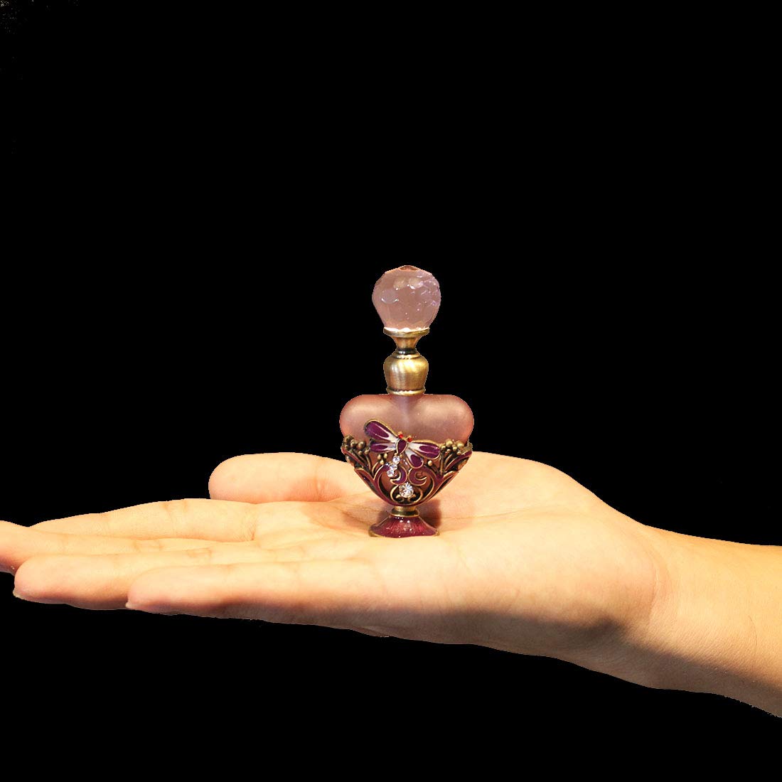 YU FENG Vintage Dragonfly Pewter and Glass Perfume Bottle with Diamand, Empty Refillable Mini Perfume Bottle