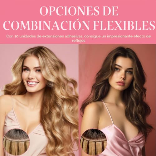 GOO GOO Adhesive Hair Extensions Natural Hair, 40 cm 10pcs 25 g Walnut Brown to Ash Brown and Whitish Blonde Hair Extensions, Remy Hair Extensions Natural Real Human Hair