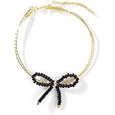 Opalencian White Black Bow Beads Gold Plated Beads Elastic Bracelet for Women,Charm Pearls Gold Plated Beaded Bracelets Origin Handmade Fashion Jewelry Gifts