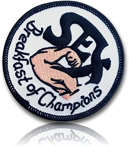 [Single Count] Custom and Unique (3" Inch) Circular "Sex Breakfast Of Champions" Flexing Muscular Man's Arm Cosplay Costume Design (Funny Comedy) Hook Fastener Patch {Tan, White &amp; Black} {LICENSED}