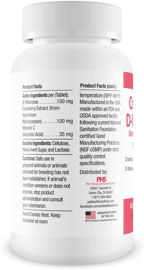 Cranberry D-Mannose Urinary Tract Support - Bladder Health Supplement for Dogs and Cats - 60 Tablets : Pet Supplements : Pet Supplies