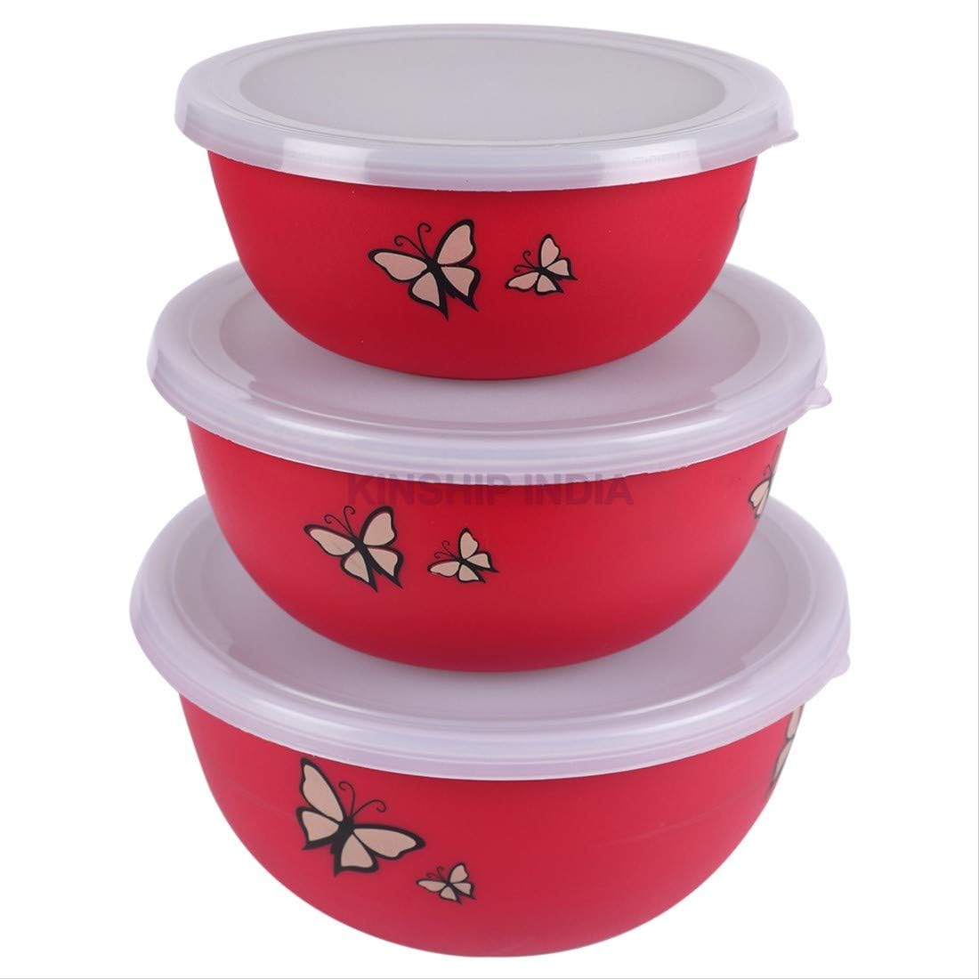 KINSHIP MICROWAVE SAFE STAINLESS STEEL PLASTIC COATED DESIGNER EURO BOWL SET OF 3 (CAPACITY 450 ML 700 ML 1200 ML)-RED COLOR