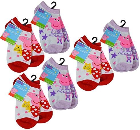 [6-Pack] Peppa Pig "No-Show" Anklet Socks, Red/Lilac, Sock Size 6-8.5, Shoe Size 10-4