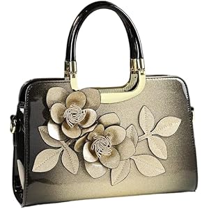 Patent Leather Top Handle Satchel Purse, Floral Accent Women's Top-handle Handbag with Pockets & Compartments for Party