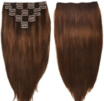 [Updated Version] SuCoo 16 Inch 100% Real Human Hair Clip in Extensions with Double Weft Thick to The Ends 8pcs 18 Clips Full Head Set Remy Hair Extension ( 4.6oz/130g #4 Medium Brown)
