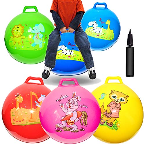 Kids Sports Toys Rubber Hopper Ball with Handle for Kids Age 3-7 Years Ride and Jumping Game, 5 Pack 18 Inch Hopper Balls for School Team Party Favors