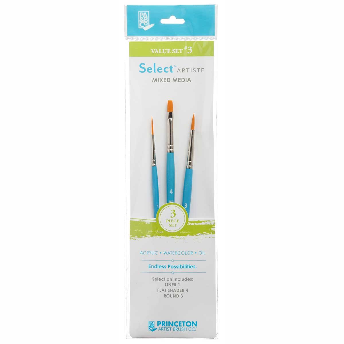 Princeton SelectArtiste Fine Art Multi-Technique Brush Set, 3 x Synthetic Brushes, Mixed Media, For Professionals & Students