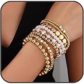 Quizzhe 8PCs Gold Bead Stackable & Adjustable Bracelet Set - Bohemian Stretch Bow Beaded & Pearl Statement Bracelet