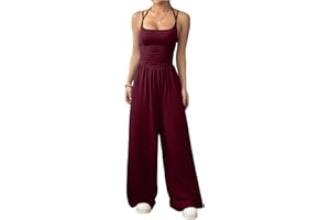 GORGLITTER Women's Ruched Jumpsuits Casual Spaghetti Strap One Piece Outfit Wide Leg Baggy Pants