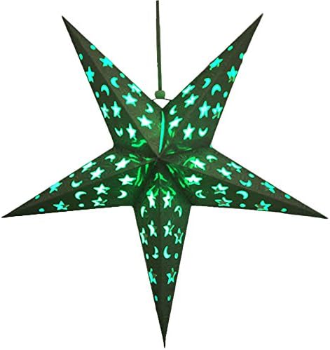 Topbeu 3D Hollow Star Pentagram Paper Lantern Lampshade Ceiling Hanging Decorations for Christmas Birthday Party (Large: 23.6 inch, Green)