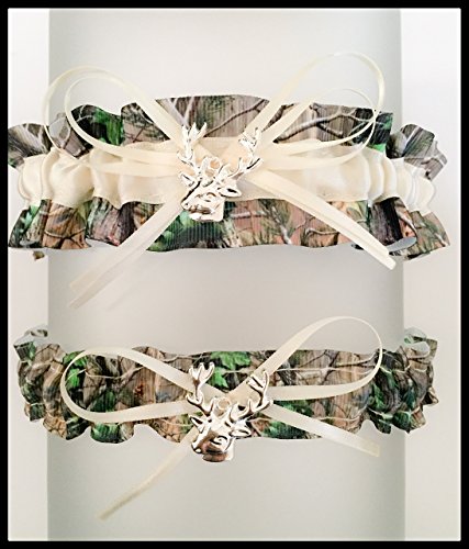 Sexy Camouflage Ivory Satin Camo Prom Wedding Bridal Garter SET - Deer Head Charm
