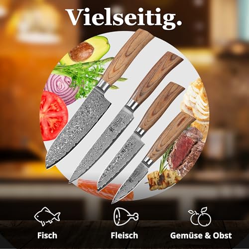 Wakoli EDIB Pro 4-Piece Kitchen Knife Set Made of Damascus Steel (VG10 Core) in Elegant Gift Box - Sharp Damascus Knife Set with Pakka Wood Handles - Knife Set with 2 x Santoku, Meat Knife & Office Knives