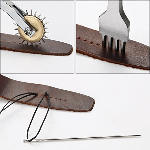 YISUN Leather Sewing Tools 48 Pieces Leather Tools Craft DIY Hand Stitching Kit with Groover Awl Waxed Thimble Thread for Sewing Leather, Canvas or Other Leathercraft Projects