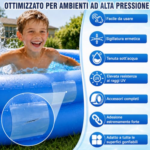HuakChai Kit Riparazione Piscina, Nastro Impermeabile Subacqueo, Set di Toppe Autoadesive in PVC per Piscine (10x150 cm) con Forbici e Spatola, per Piscine Gonfiabili, Gommoni e Materassini ad Aria