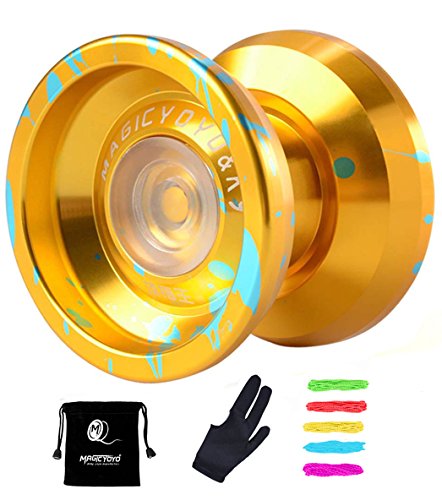 MAGICYOYO Hubstack Spin Yoyo K9 The King Aluminum Unresponsive Professional Yoyo with 5 Yoyo Strings, Yoyo Glove and Yoyo Bag (Golden splash Blue)