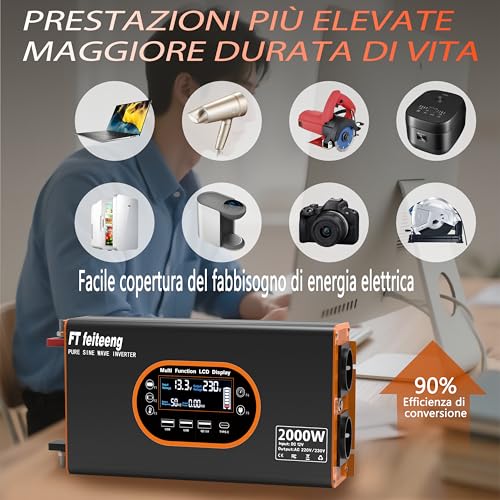 2000W Inverter 12v 220v Pure Wave - 12v Voltage Transformer LCD Display with 2 EU Sockets and 3 USB Ports and a Type C Port, Remote Control Socket for Motorhome, Car and Camping