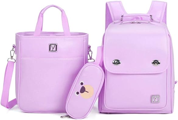 Amazon 子供用リュックサック 子供リュック 三点セット キッズバッグ 撥水 Puレザー バックパック サイズ対応の大容量 学生リュック ポーチ ポシェット ガールズ 女の子 小学生 中学生 軽量 アウトドア 通学 遠足 パープル リュックサック