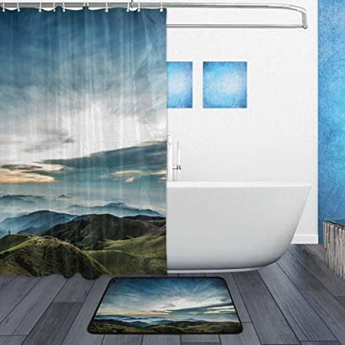 LORVIES Lanscape Bathroom Set, Polyester Fabric Shower Curtain (66X72 Inch) with Bath Mats Rugs(15.7 X 23.6 Inch)-12 Rings