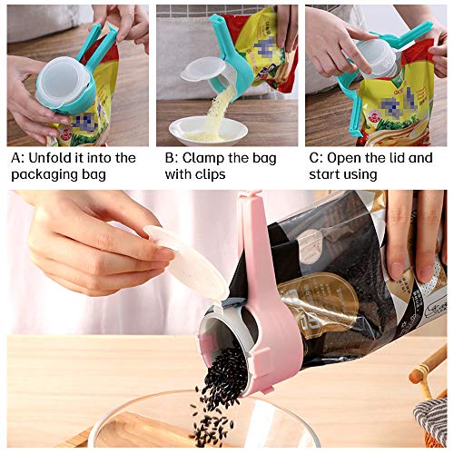 Bag Clips for Food, 4 pcs Food Package with Pour Spout, Snack Sealing Clips, Pouring Food Clip, Food Storage Clip, Best Kitchen Food Storage and Organization (Multicolor)