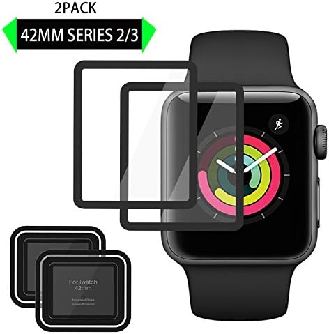 [2 Pack] Apple iWatch Screen Protector 42mm,Elinkee [3D Full Coverage] [Anti-Scratch] [High Definition] Premium Tempered Glass Screen Protector for Apple Watch 42mm Series 3/2/1 (Black)