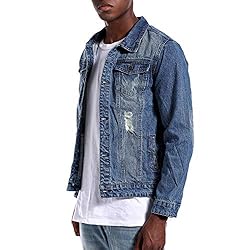 LAMKUKU Mens Denim Jacket Ripped Slim Jean Jacket