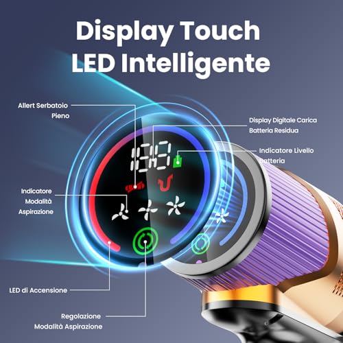 Linkifly A12 Aspirapolvere Senza Fili 50KPa, 600W, 70Min, Aspirapolvere Scopa con Serbatoio Acqua Rimovibile, Display LED Touch, Spazzola Anti-Groviglio, Pieghevole, per Tappeti, Auto e Peli Animali
