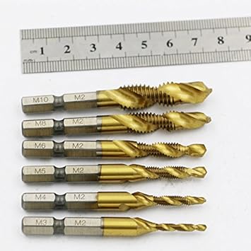 Generic 6pcs Hss6542 Combination Drill Bit Screw Tap 1/4 Hex Shank Mane Hand Taps Titanium M3 M4 M5 M6 M8 M10 Tap Drill Countersink