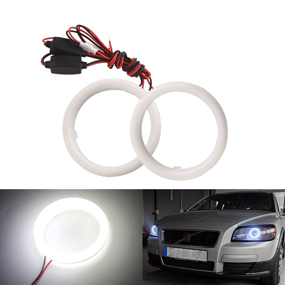 Qasim 1 pair 70MM 2.75’’ Angel Eyes COB LED Halo Rings White with Cotton Plastic Shell for Car Motorcycle Headlight DRL Fog Light DC9-30V