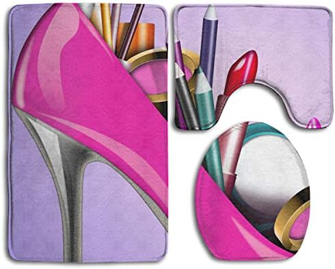 Kjiurhfyheuij Bathroom Non-Skid Carpet Bath Rugs 3 Pieces Set Water-Absorbing Lipstick Cosmetics High Heel Shoes Flannel Toilet Floor Bath Mats Contour Rug Lid Cover