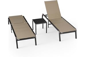 WOAJNQO Aluminum Patio Chaise Lounge Chair Set of 2 with Side Table,5-Position Adjustable Backrest,Foldable Lounge Chair Outdoor,Pool Lounge Chairs for Poolside,Lawn,Deck,Beach (Khaki, 2 Pack+Table)