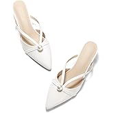 Coutgo Womens Pearl Kitten Heels Mules Closed Pointed Toe Sandals Satin Wedding Party Dress Shoes