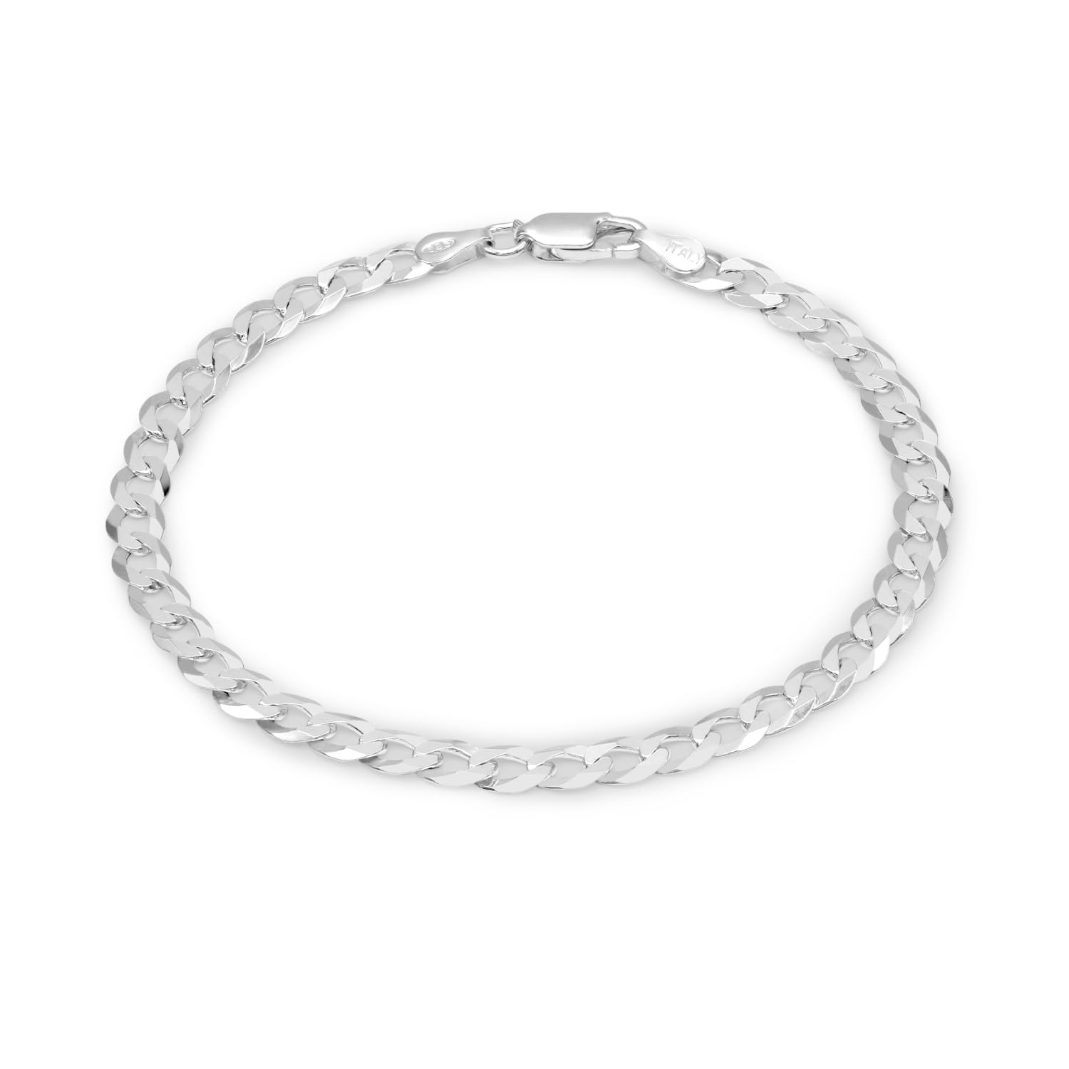 Aka Gioielli® - Men Women 925 Sterling Silver Rhodium Bracelet - 4.3mm Flat Cuban Curb Chain - Sizes: 7.5 inch