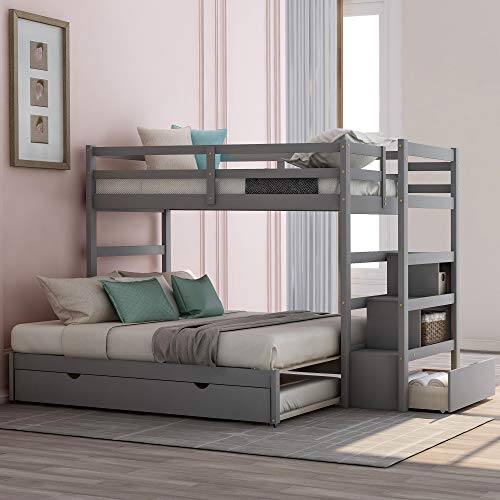 Twin Over Twin/King Bunk Beds with Trundle, Storage, and Drawer
