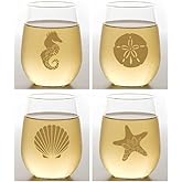 Happy Hour Set of 4 Designer COASTAL Shatterproof Plastic 16 oz Stemless Wine Glass (NAUTICAL)
