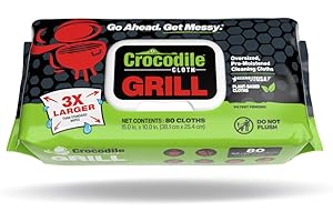Crocodile Cloth Grill - 80 (15" x 10") Plant-based Cleaning Wipes. Safe on Skin & Multiple Surfaces. Infused with Aloe & Vitamin E. Large, Pre-Moistened & Absorbent.